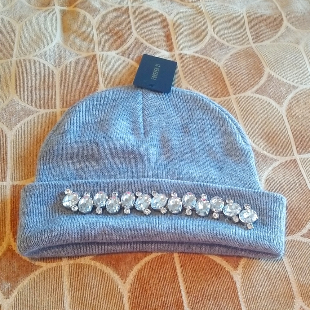 NWT F21 Gray Jeweled Beanie